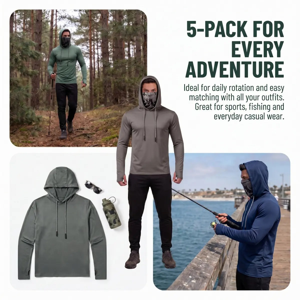 Men's UPF 50+ Sun Protection Hoodie Shirt 5-Pack