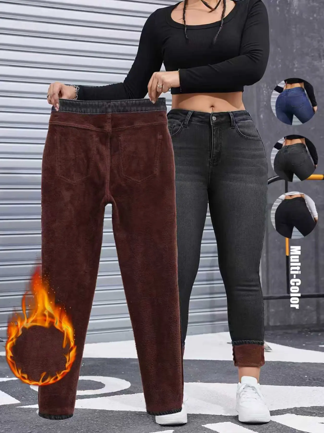 Women's Cozy Fleece-Lined High-Waist Jeans