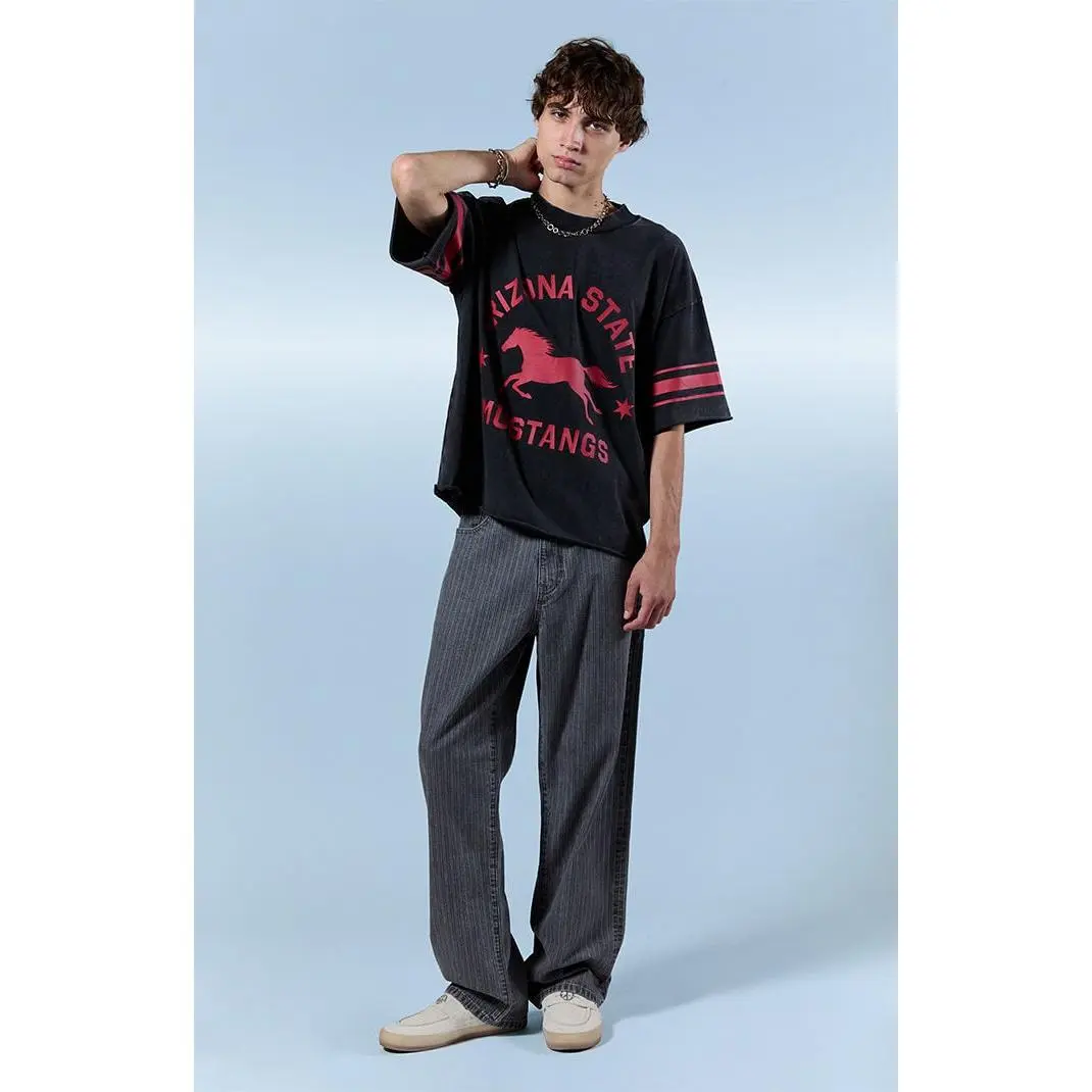 Men's Gray Pinstripe Baggy Wide-Leg Jeans