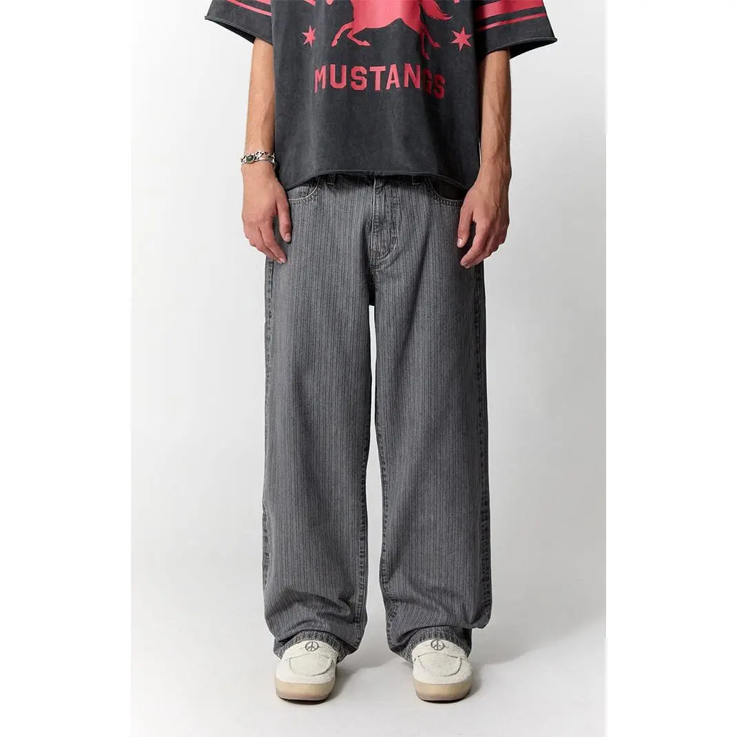 Men's Gray Pinstripe Baggy Wide-Leg Jeans