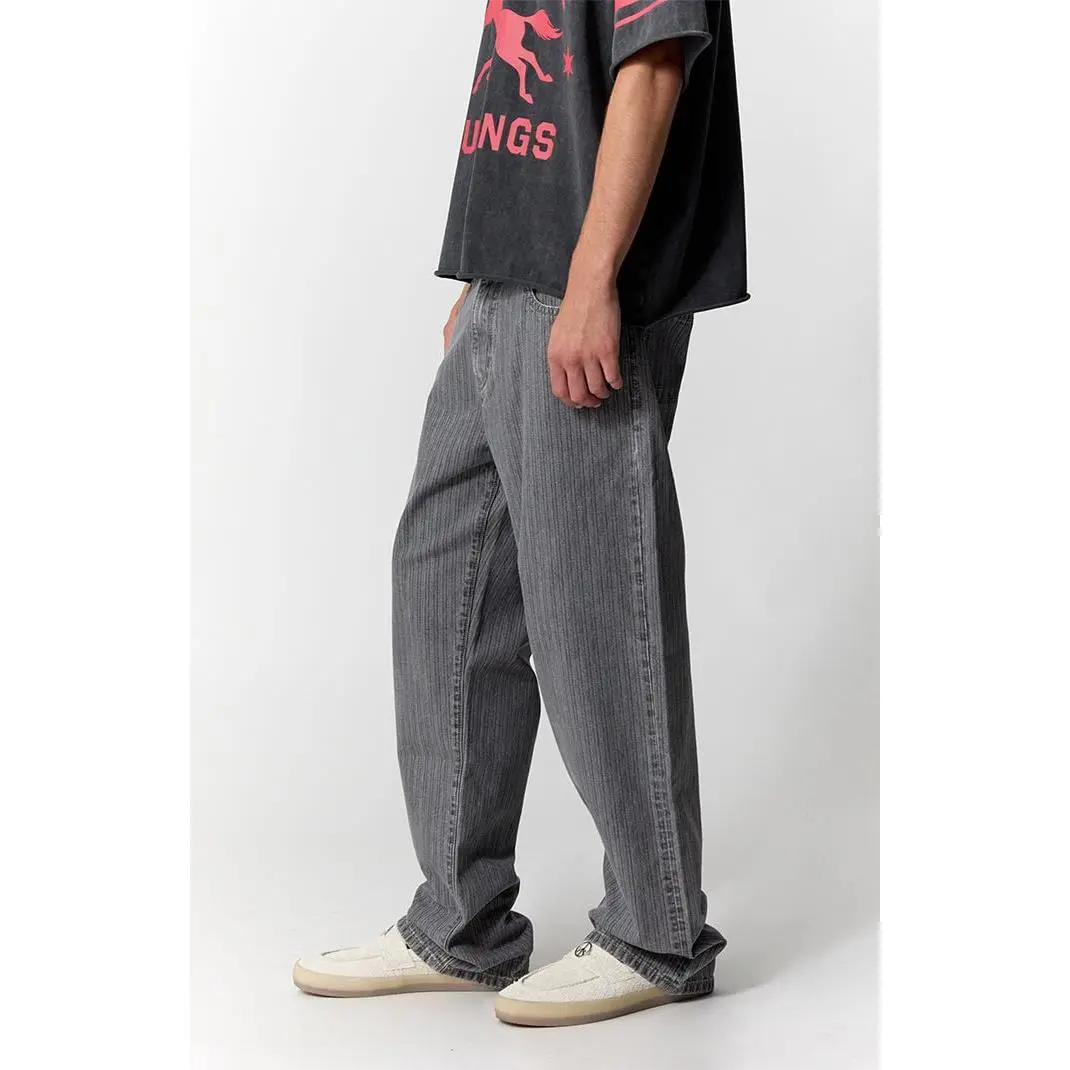 Men's Gray Pinstripe Baggy Wide-Leg Jeans