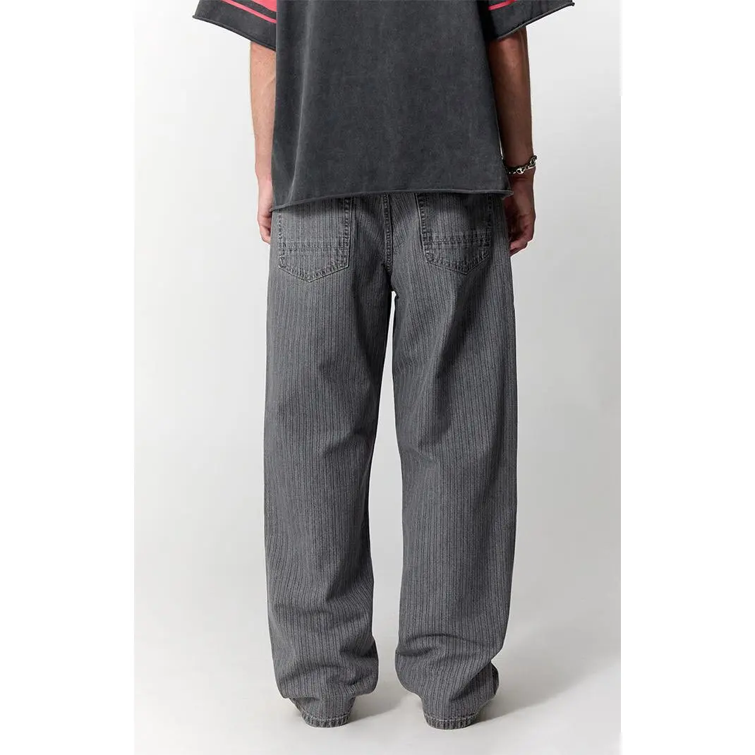 Men's Gray Pinstripe Baggy Wide-Leg Jeans