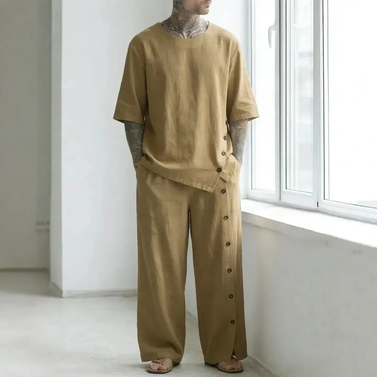 Men's Linen-Blend Short Sleeve Shirt & Pants Set
