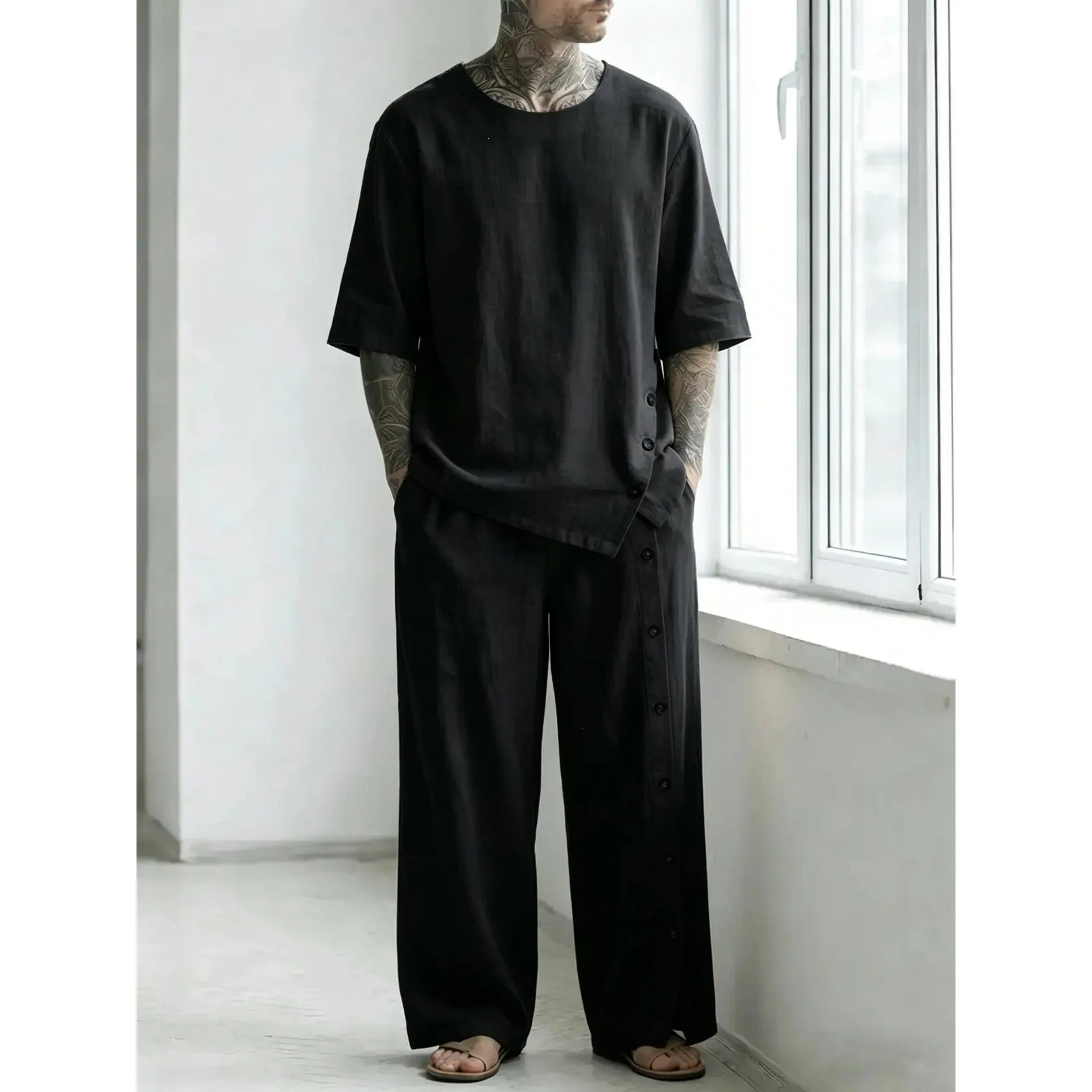 Men's Linen-Blend Short Sleeve Shirt & Pants Set