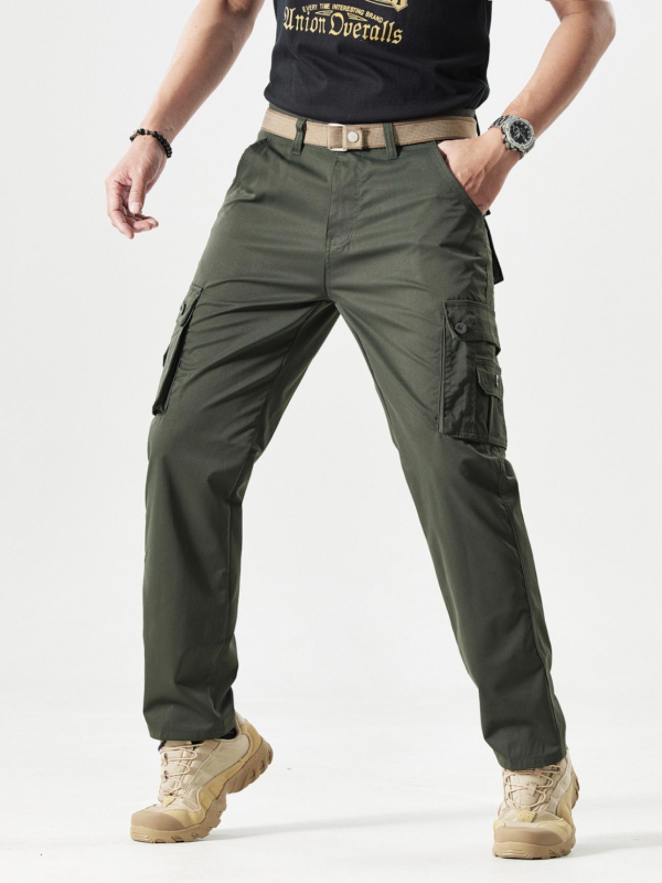 Men's Solid Color Patched Zipper Fly Cargo Pants, Regular Fit Casual Button Multi-pocket Straight Leg Trousers for Wear, Trendy Style Pants for Men, Menswear, Casual Streetwear Trousers, Casual Fit Bottoms, Casual Minimalist Trousers, Casual Slant Pocket