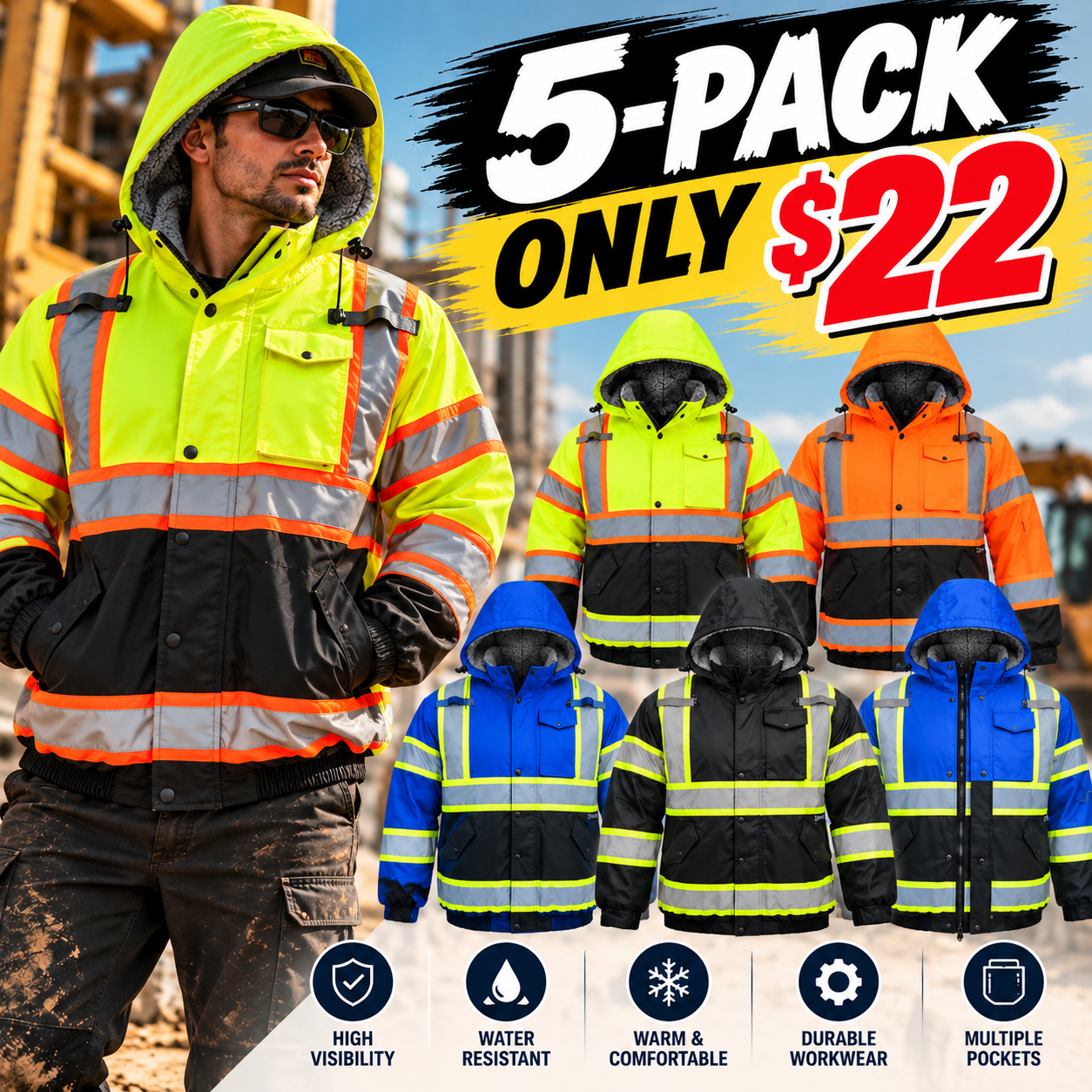🦺 Men's High-Visibility Reflective Safety Jacket – Insulated Hooded Workwear