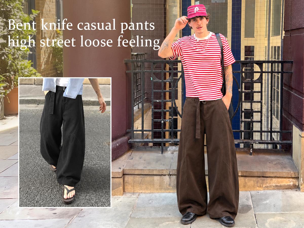 Men&rsquo;s Vintage 100% Cotton Wide-Leg Pants, Relaxed Baggy Fit with Curved Seam Detail and Adjustable Belt, Retro Streetwear Trousers