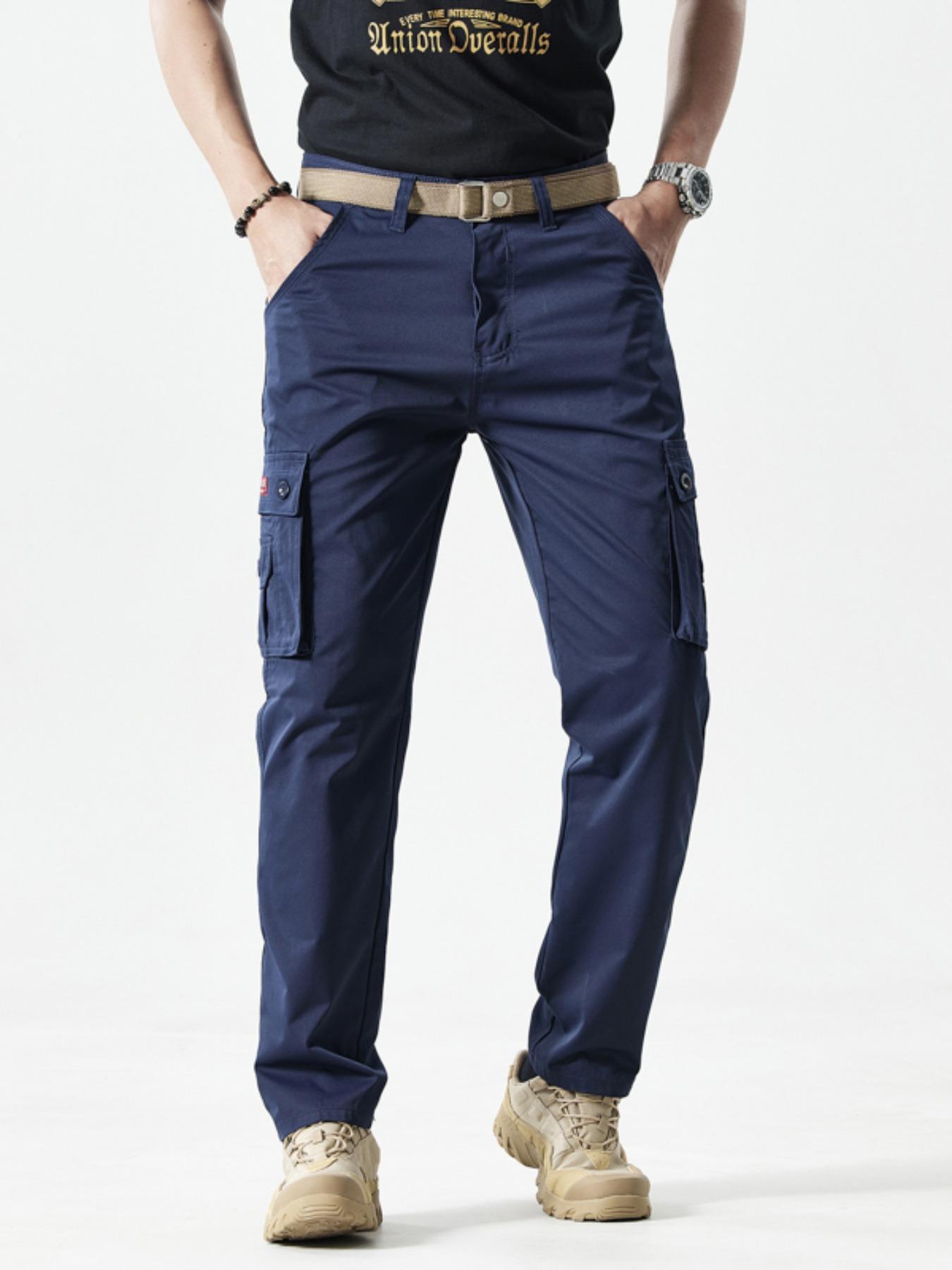 Men's Solid Color Patched Zipper Fly Cargo Pants, Regular Fit Casual Button Multi-pocket Straight Leg Trousers for Wear, Trendy Style Pants for Men, Menswear, Casual Streetwear Trousers, Casual Fit Bottoms, Casual Minimalist Trousers, Casual Slant Pocket