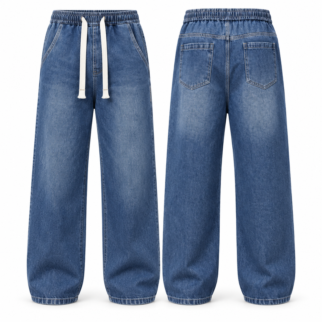 Men's Relaxed Stretch Denim Pants with Elastic Drawstring Waist and Wide Leg