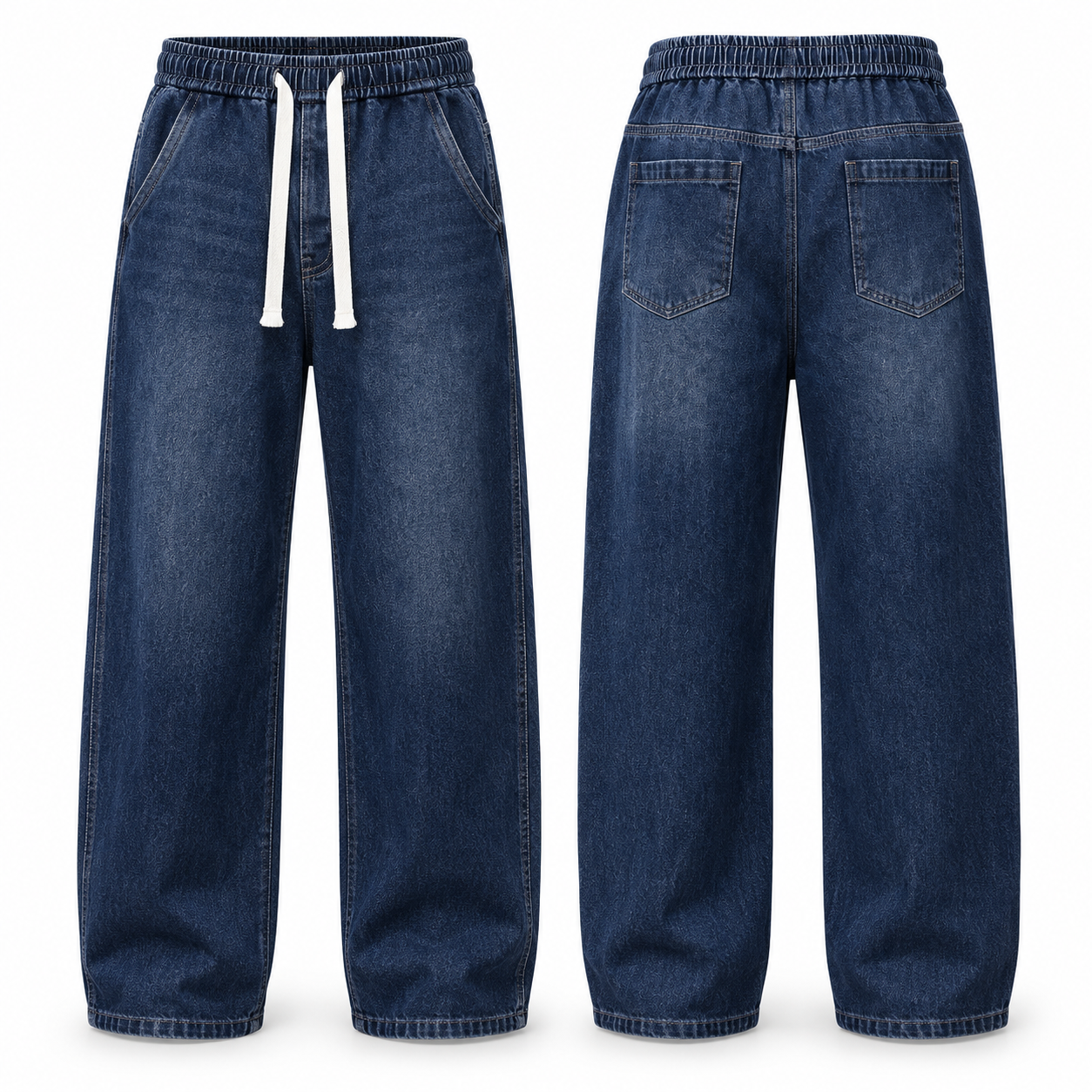 Men's Relaxed Stretch Denim Pants with Elastic Drawstring Waist and Wide Leg