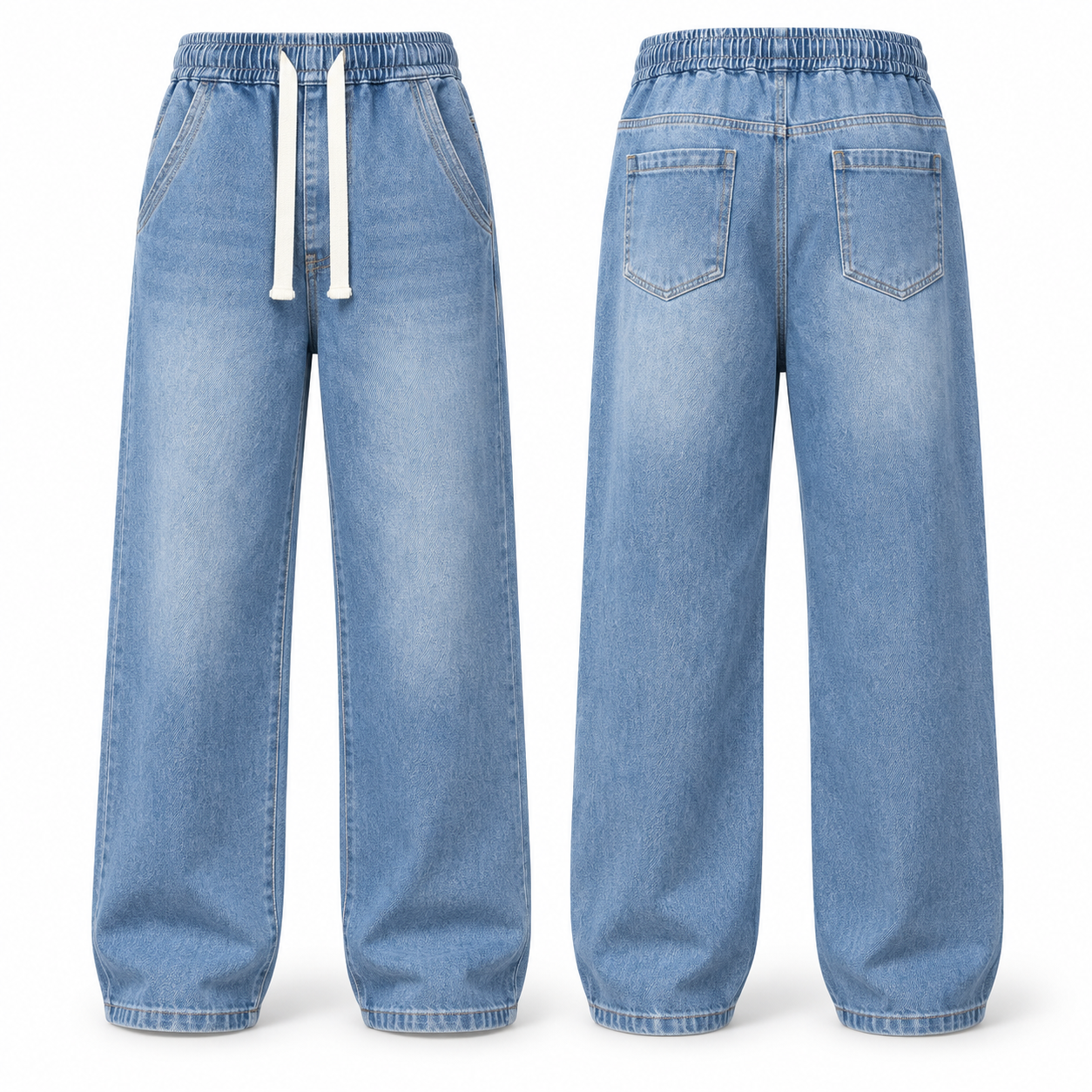 Men's Relaxed Stretch Denim Pants with Elastic Drawstring Waist and Wide Leg