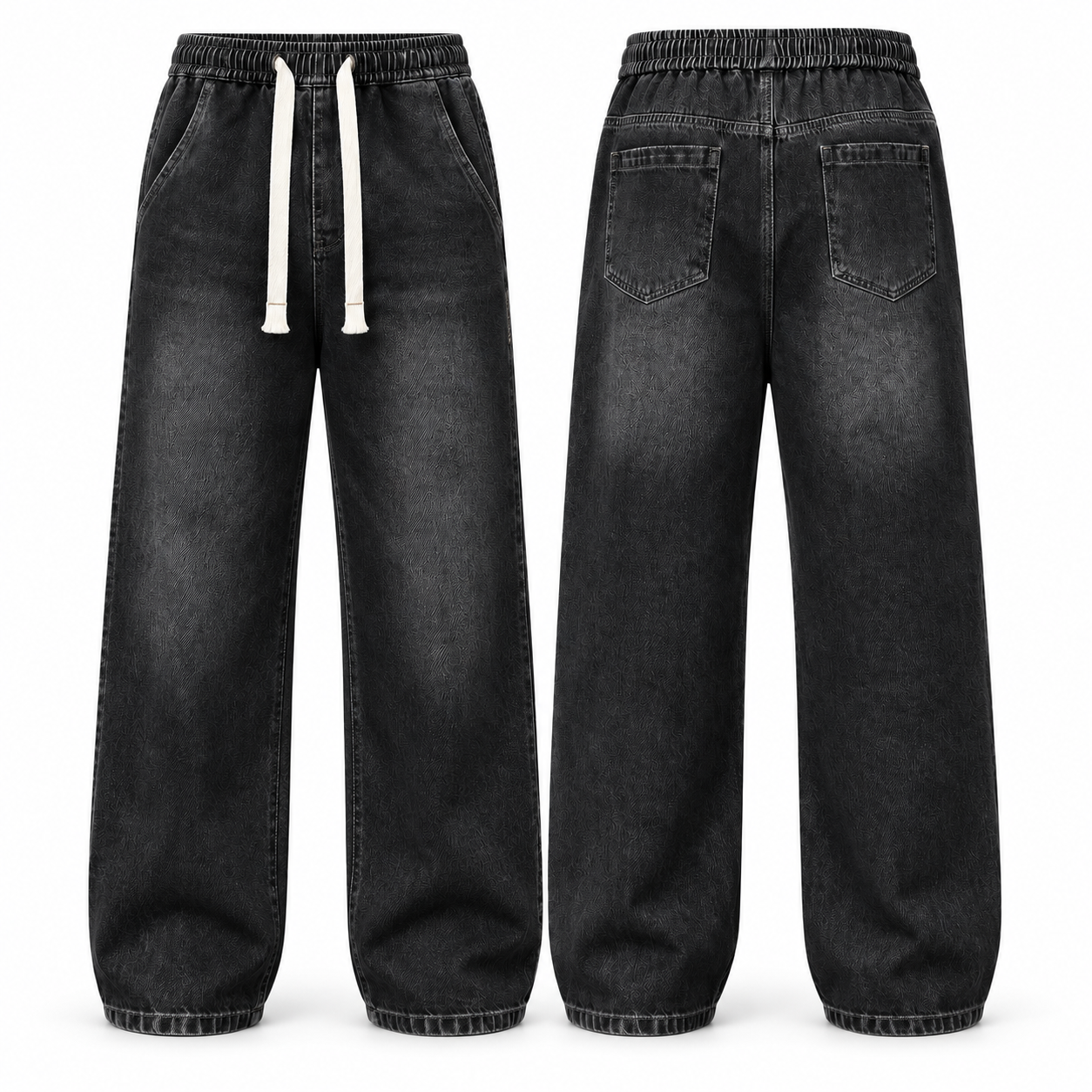 Men's Relaxed Stretch Denim Pants with Elastic Drawstring Waist and Wide Leg