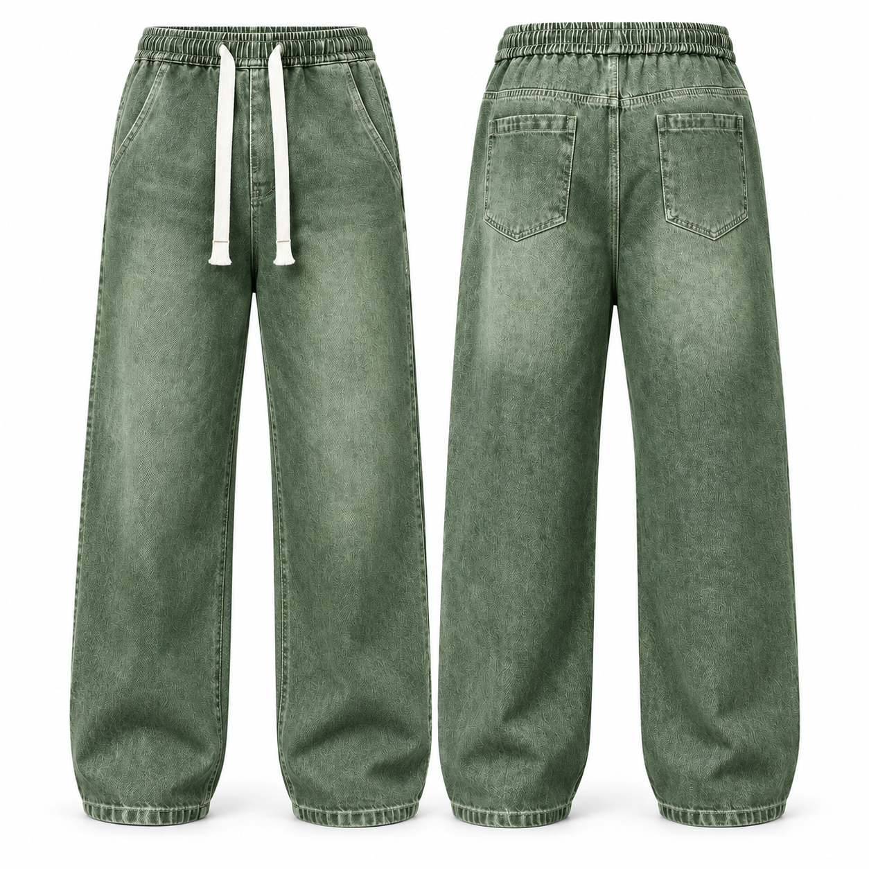 Men's Relaxed Stretch Denim Pants with Elastic Drawstring Waist and Wide Leg