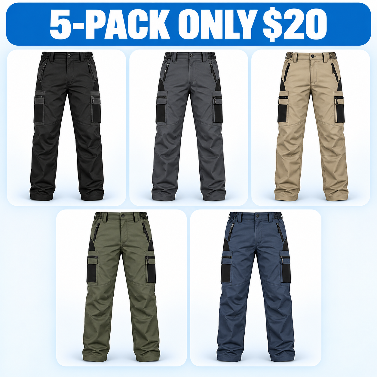 Men's Multi-Pocket Tactical Cargo Pants - Solid & Camo Multipacks