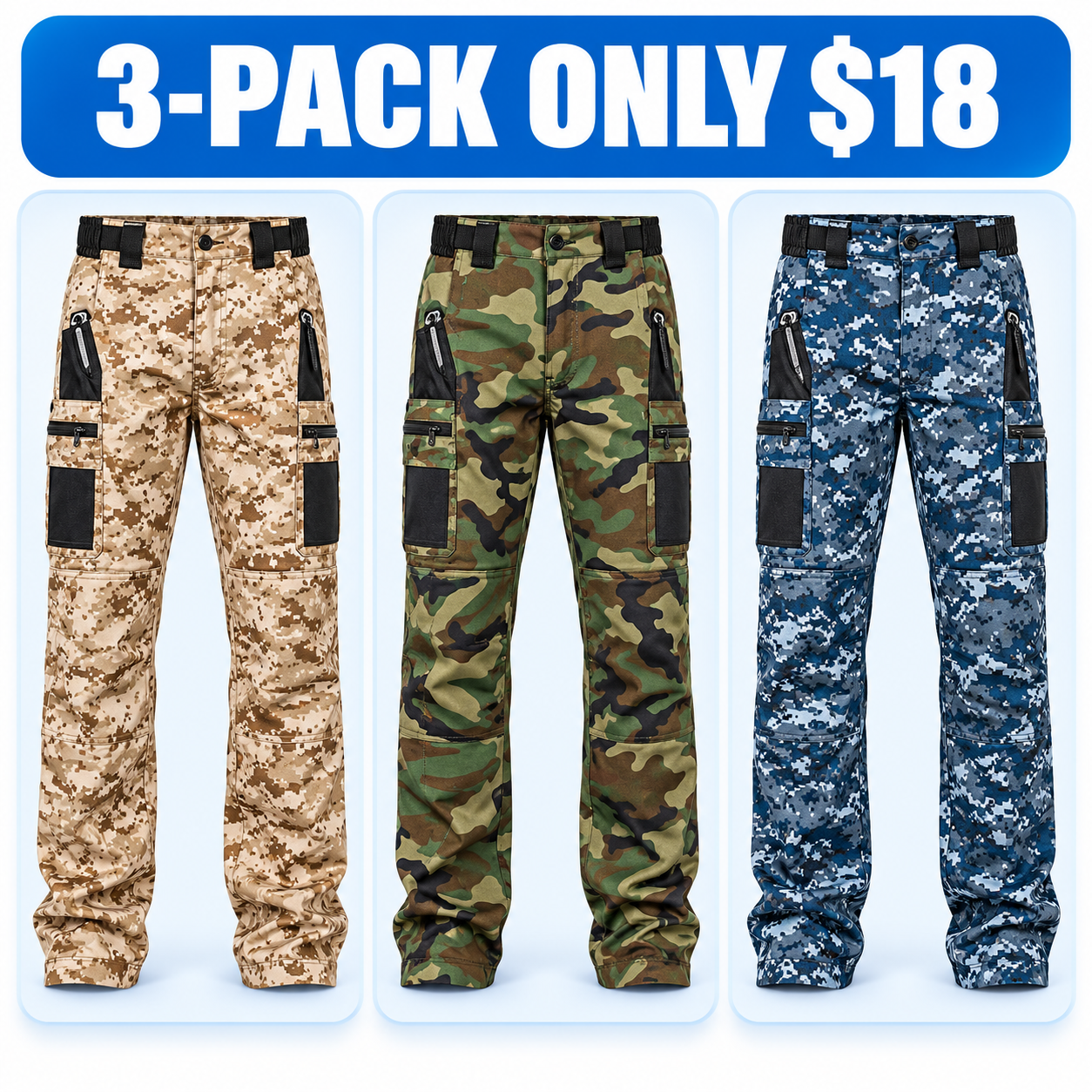 Men's Multi-Pocket Tactical Cargo Pants - Solid & Camo Multipacks