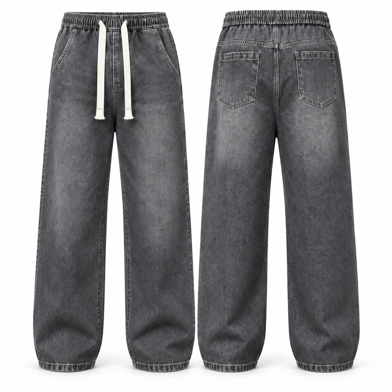 Men's Relaxed Stretch Denim Pants with Elastic Drawstring Waist and Wide Leg