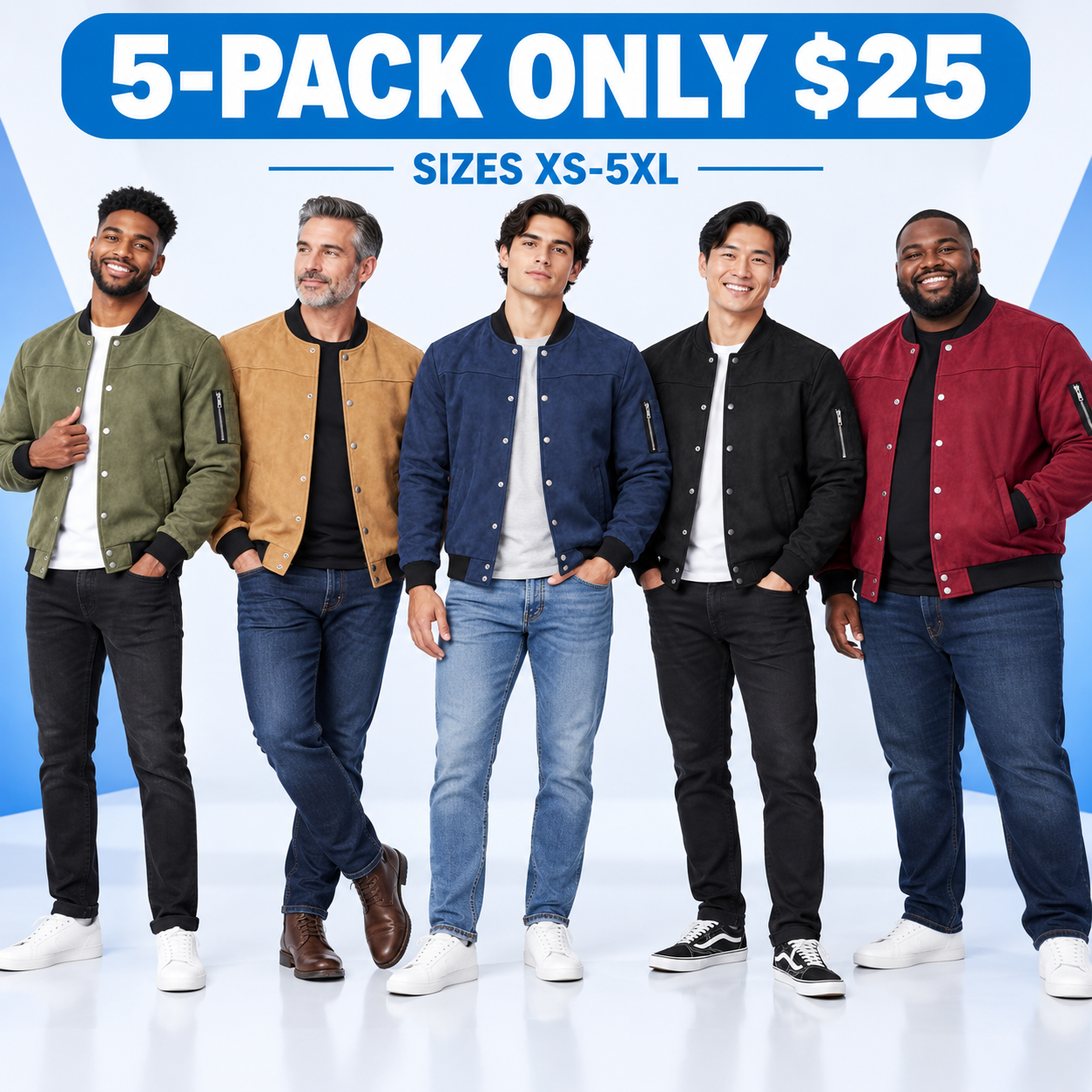 Men's Suede-Look Snap-Front Bomber Jacket Multipack - Ribbed Trim Casual Outerwear