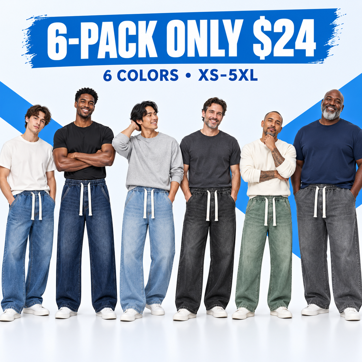 Men's Relaxed Stretch Denim Pants with Elastic Drawstring Waist and Wide Leg