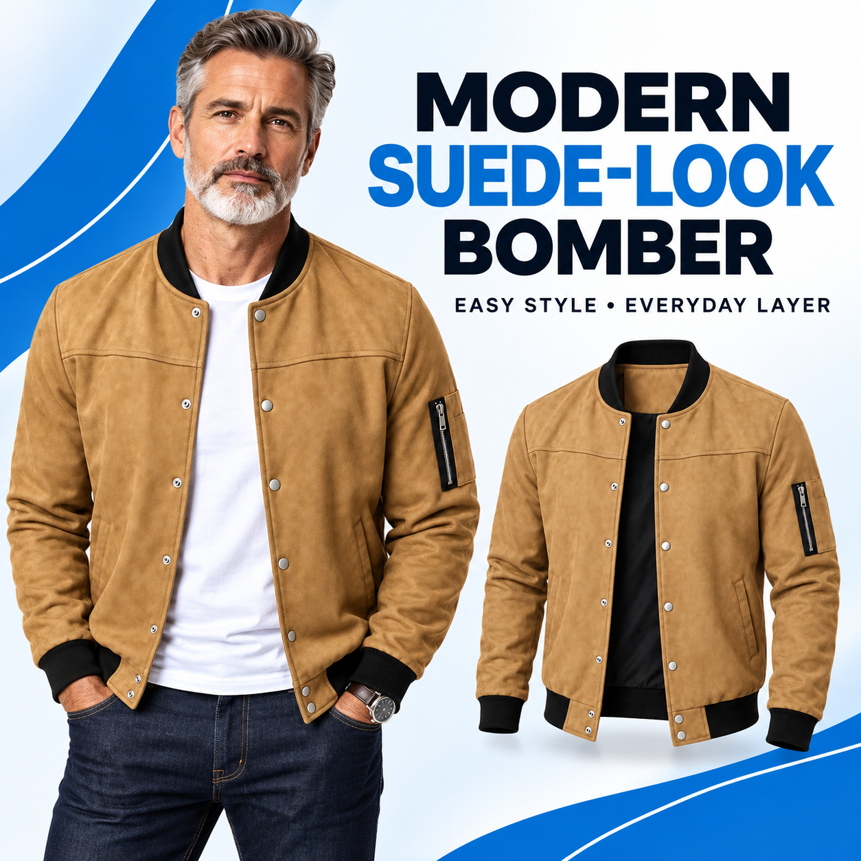 Men's Suede-Look Snap-Front Bomber Jacket Multipack - Ribbed Trim Casual Outerwear