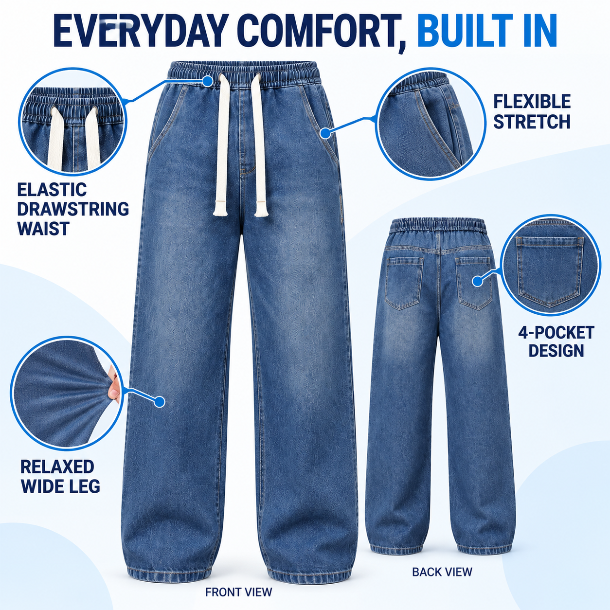 Men's Relaxed Stretch Denim Pants with Elastic Drawstring Waist and Wide Leg