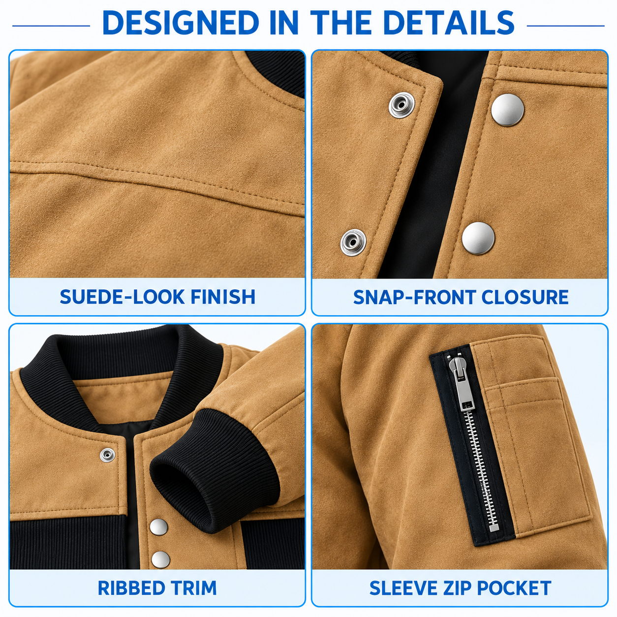 Men's Suede-Look Snap-Front Bomber Jacket Multipack - Ribbed Trim Casual Outerwear