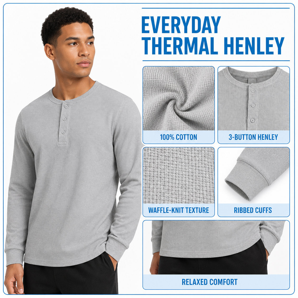Men's Everyday Cotton Waffle-Knit Henley Shirt Multi-Pack