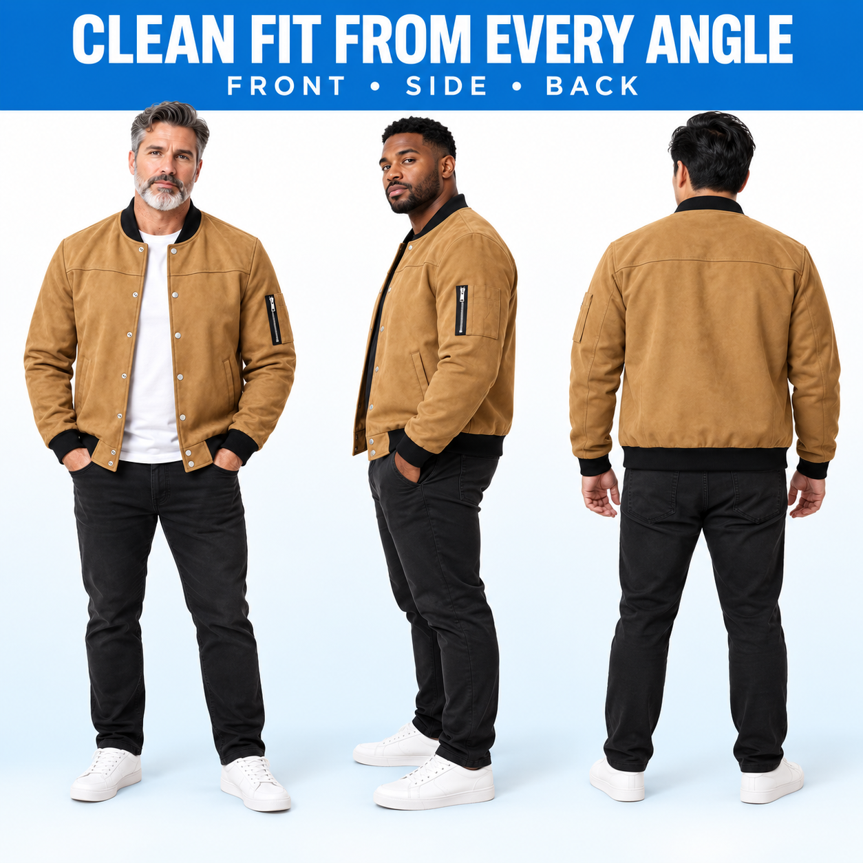 Men's Suede-Look Snap-Front Bomber Jacket Multipack - Ribbed Trim Casual Outerwear