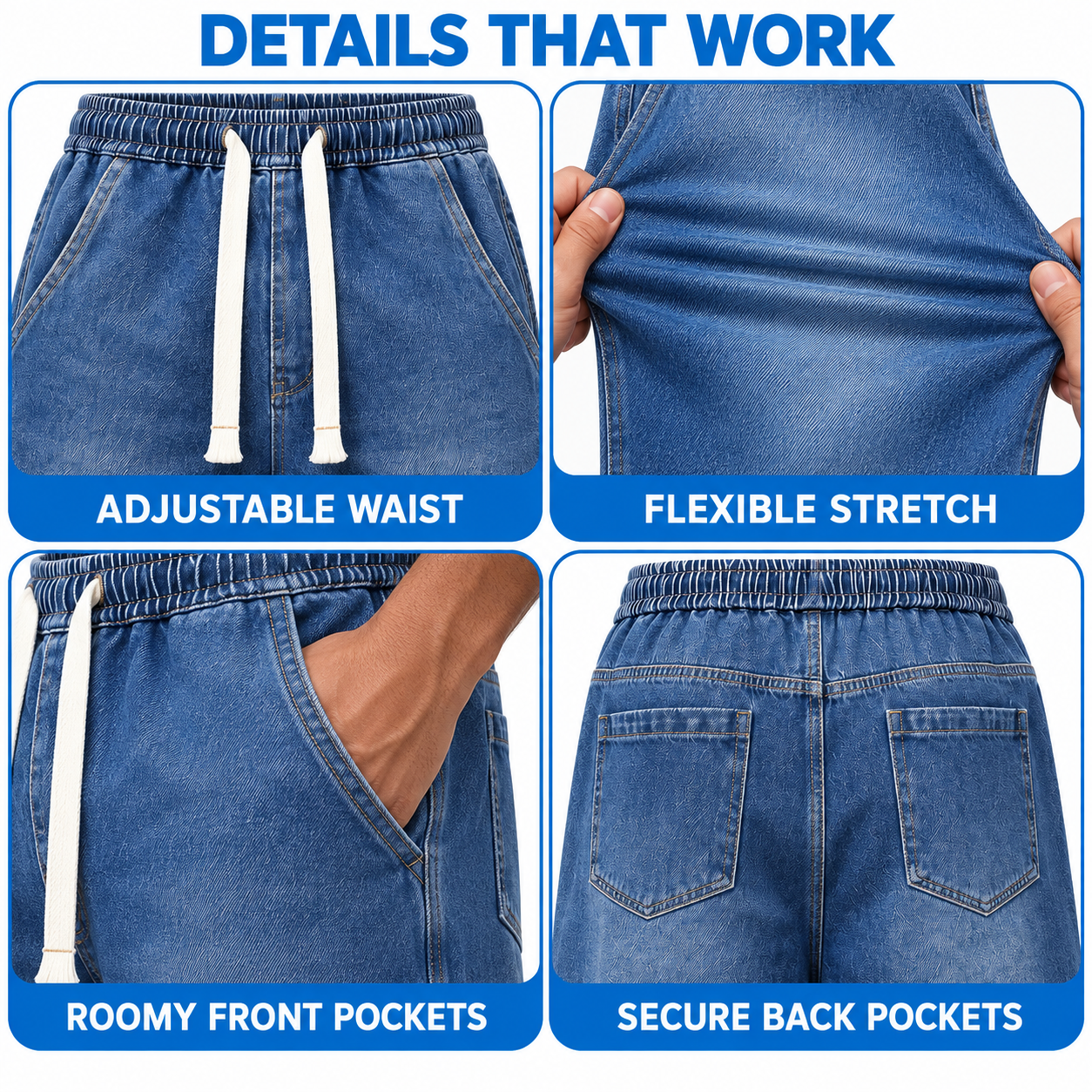 Men's Relaxed Stretch Denim Pants with Elastic Drawstring Waist and Wide Leg