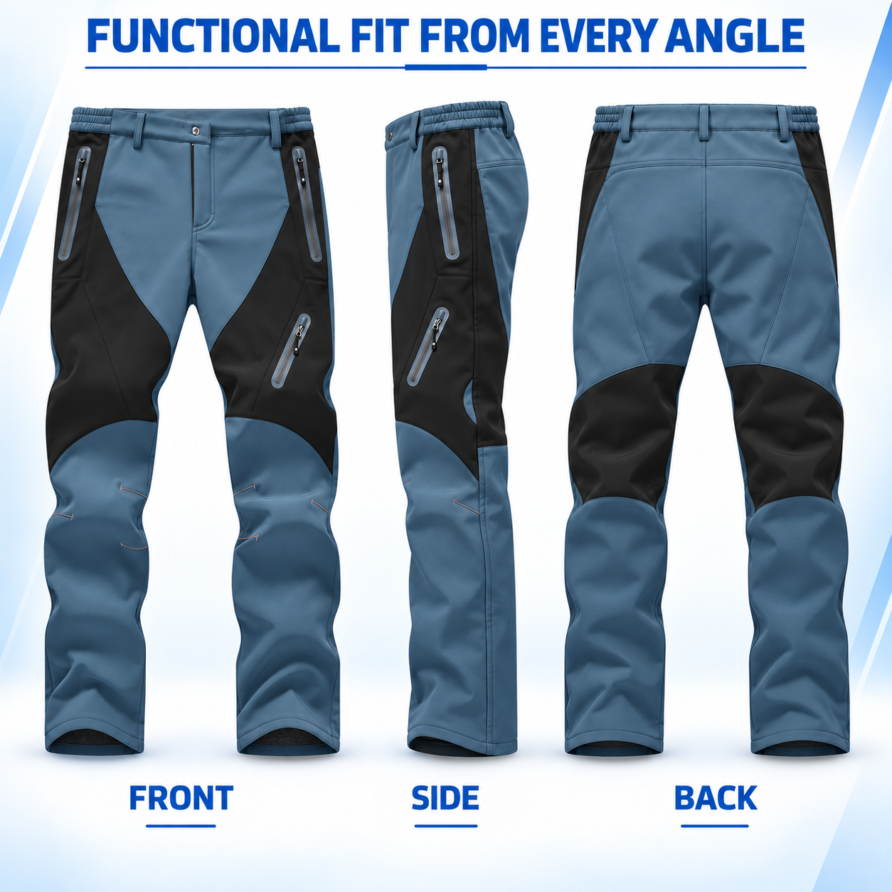 Men's Fleece-Lined Softshell Outdoor Pants Multipack - Zip-Pocket Cold-Weather Trousers