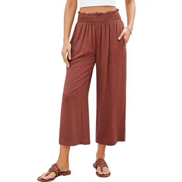 Linen Capri Pants for Women High Waisted Wide Leg Linen Palazzo Trousers Pull On Elastic Smock Waist Loose Flowy Pants