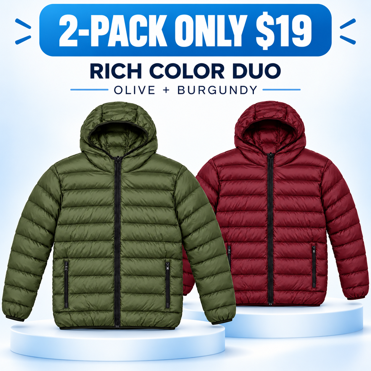 Men's Lightweight Hooded Puffer Jacket Multipack - Quilted Zip-Up Everyday Outerwear