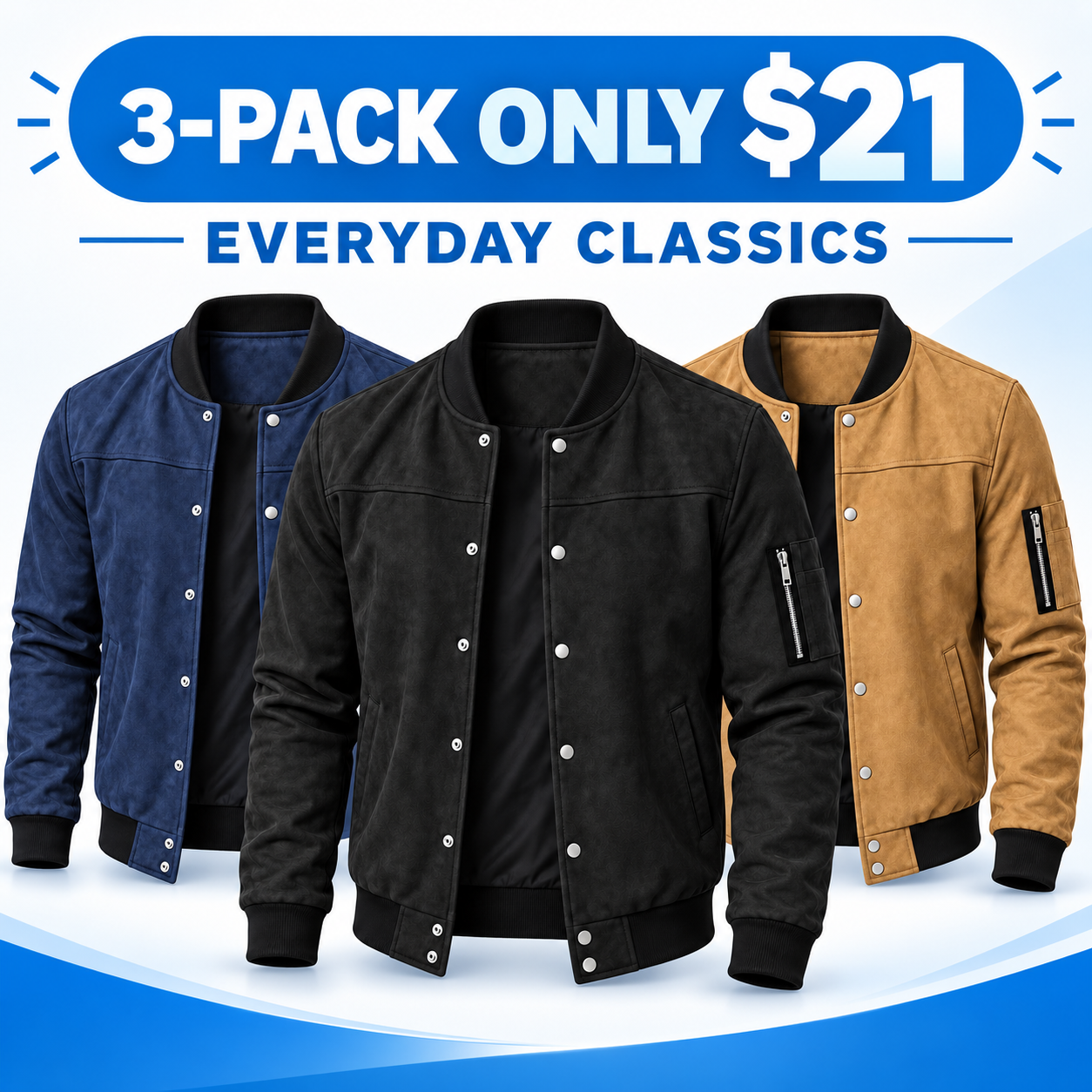 Men's Suede-Look Snap-Front Bomber Jacket Multipack - Ribbed Trim Casual Outerwear
