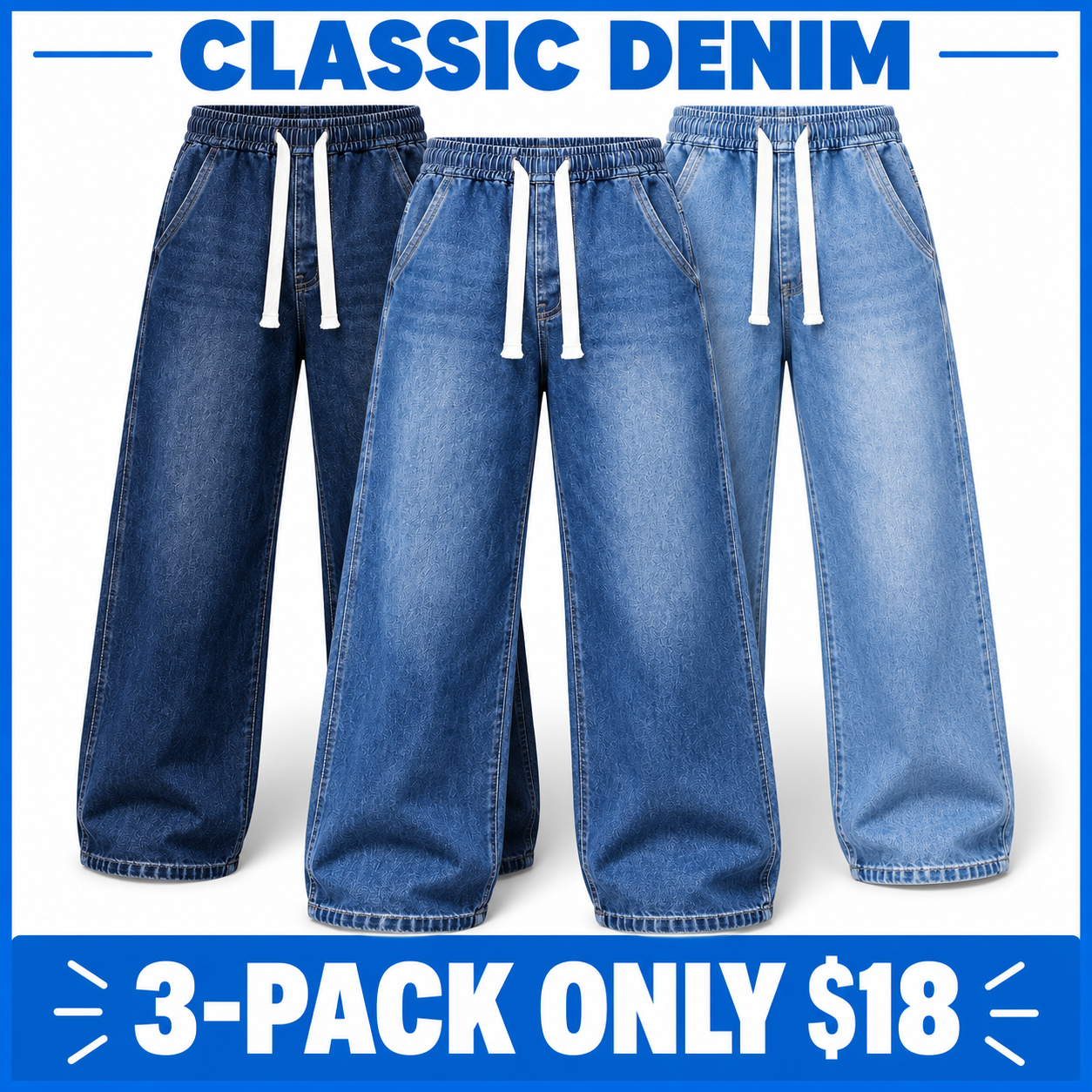 Men's Relaxed Stretch Denim Pants with Elastic Drawstring Waist and Wide Leg
