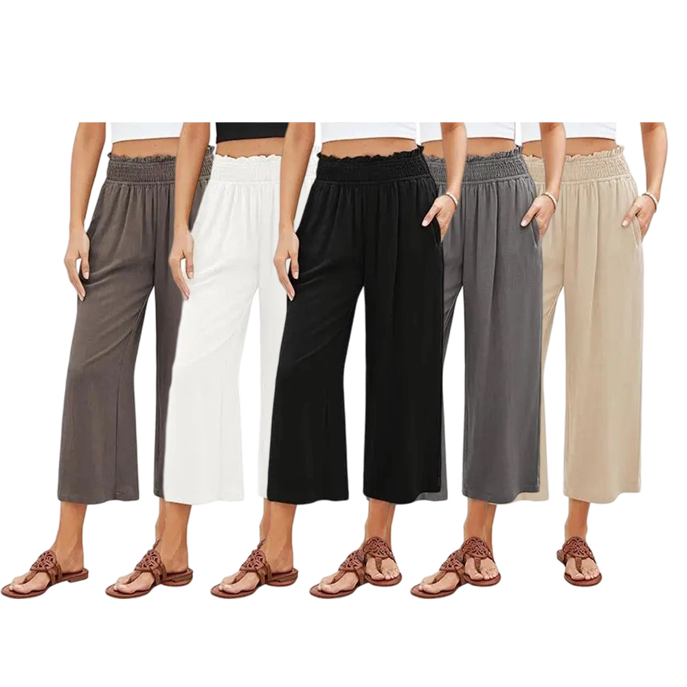Linen Capri Pants for Women High Waisted Wide Leg Linen Palazzo Trousers Pull On Elastic Smock Waist Loose Flowy Pants