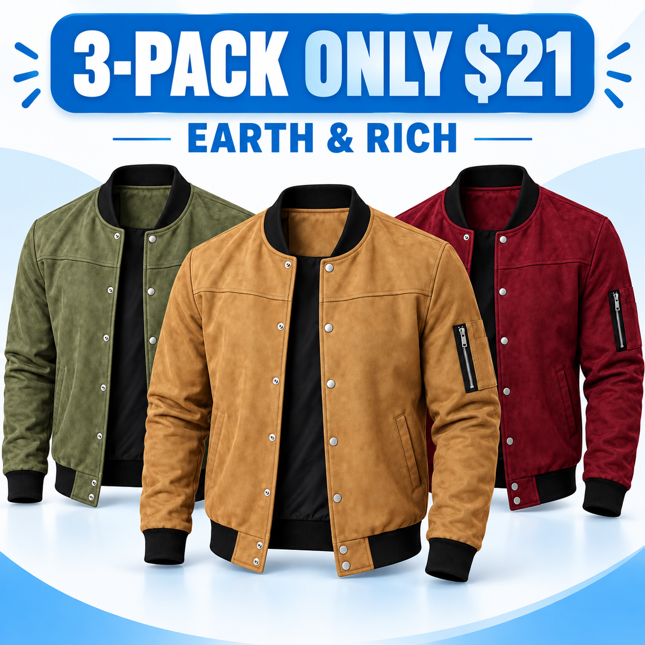 Men's Suede-Look Snap-Front Bomber Jacket Multipack - Ribbed Trim Casual Outerwear