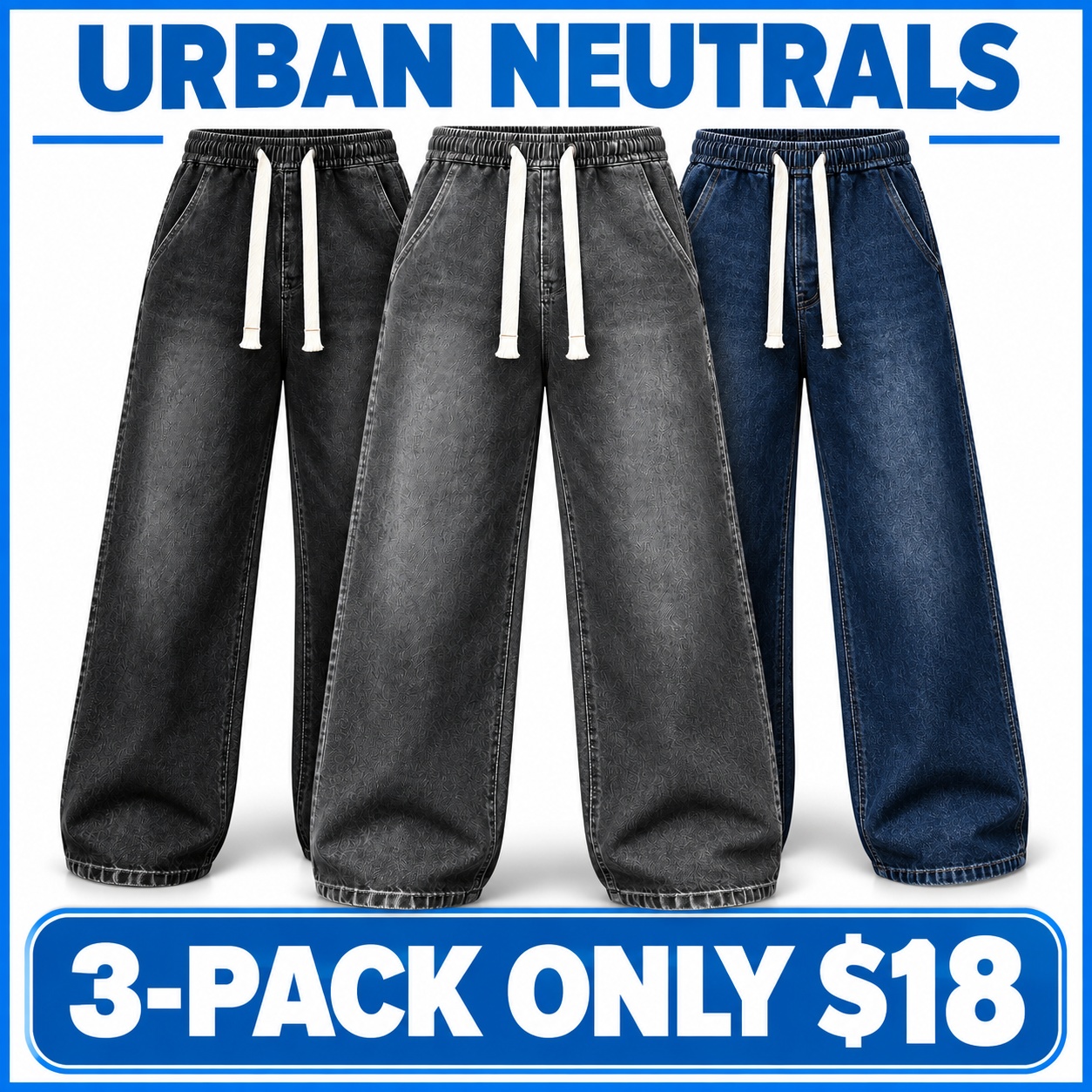 Men's Relaxed Stretch Denim Pants with Elastic Drawstring Waist and Wide Leg