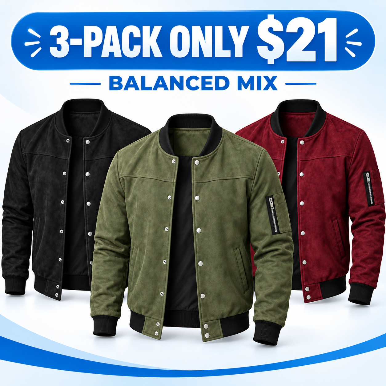 Men's Suede-Look Snap-Front Bomber Jacket Multipack - Ribbed Trim Casual Outerwear