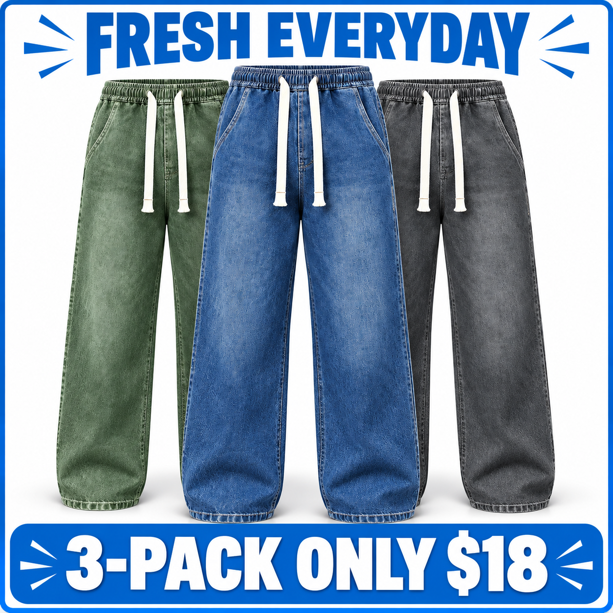 Men's Relaxed Stretch Denim Pants with Elastic Drawstring Waist and Wide Leg