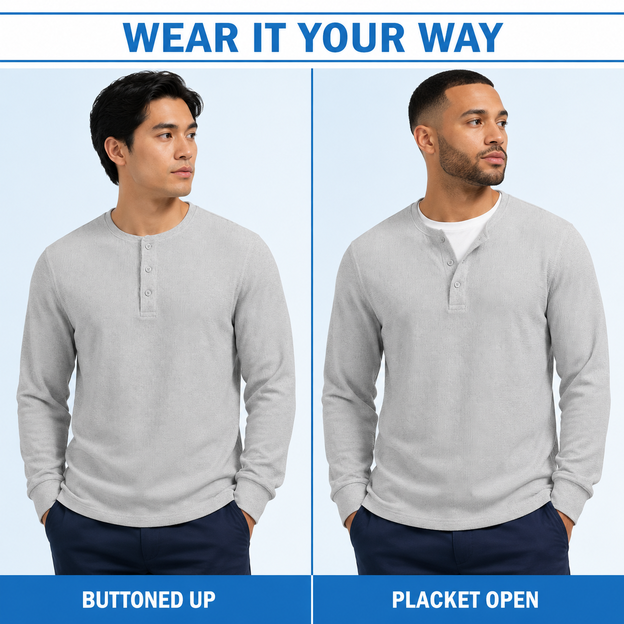 Men's Everyday Cotton Waffle-Knit Henley Shirt Multi-Pack