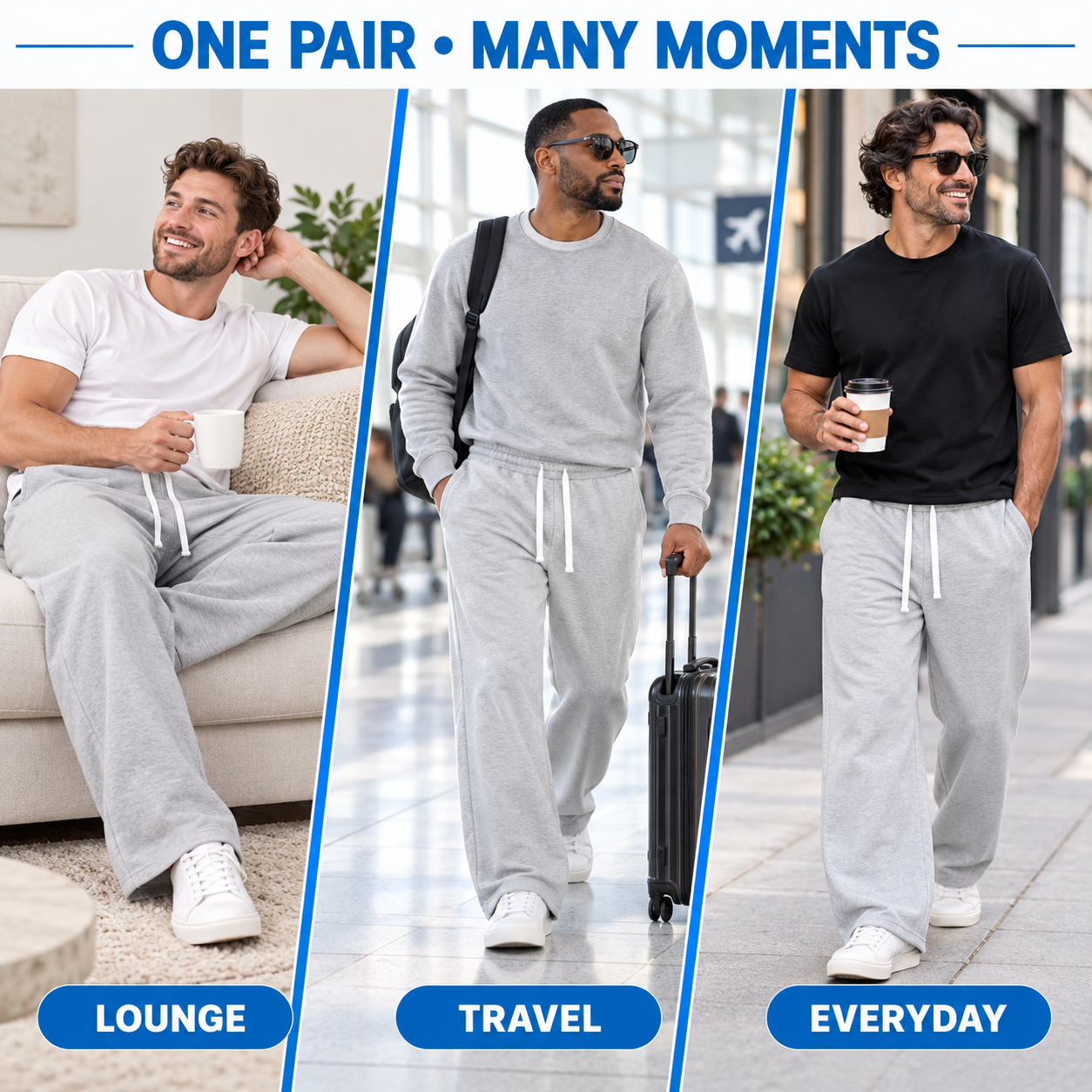 Men's Everyday Relaxed Wide-Leg Drawstring Sweatpants Multi-Pack
