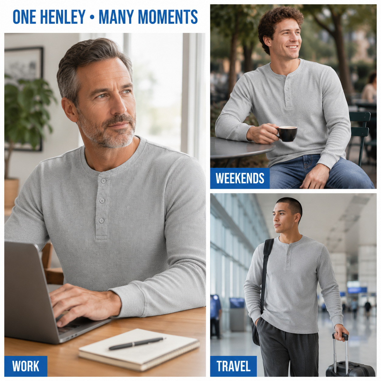 Men's Everyday Cotton Waffle-Knit Henley Shirt Multi-Pack