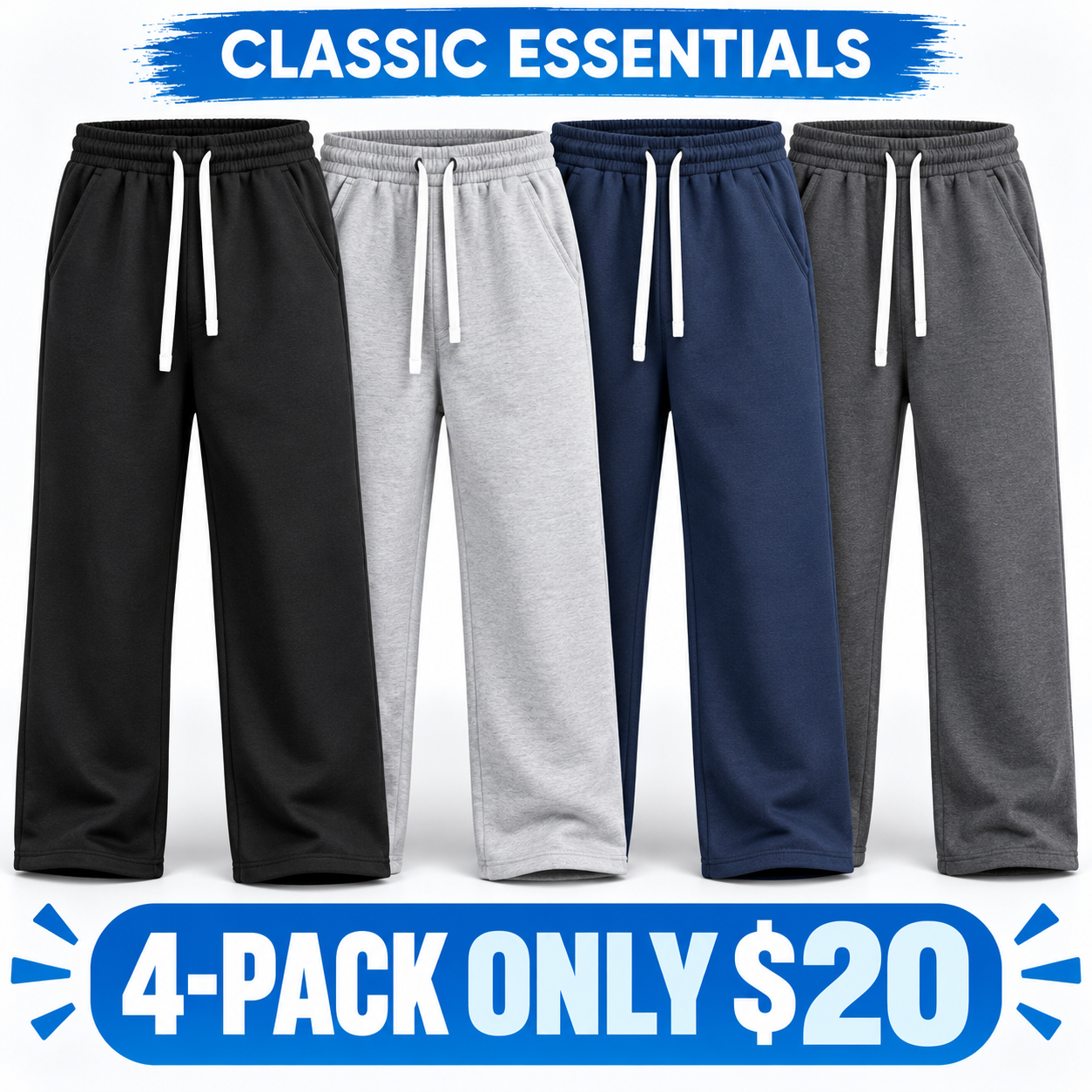 Men's Everyday Relaxed Wide-Leg Drawstring Sweatpants Multi-Pack