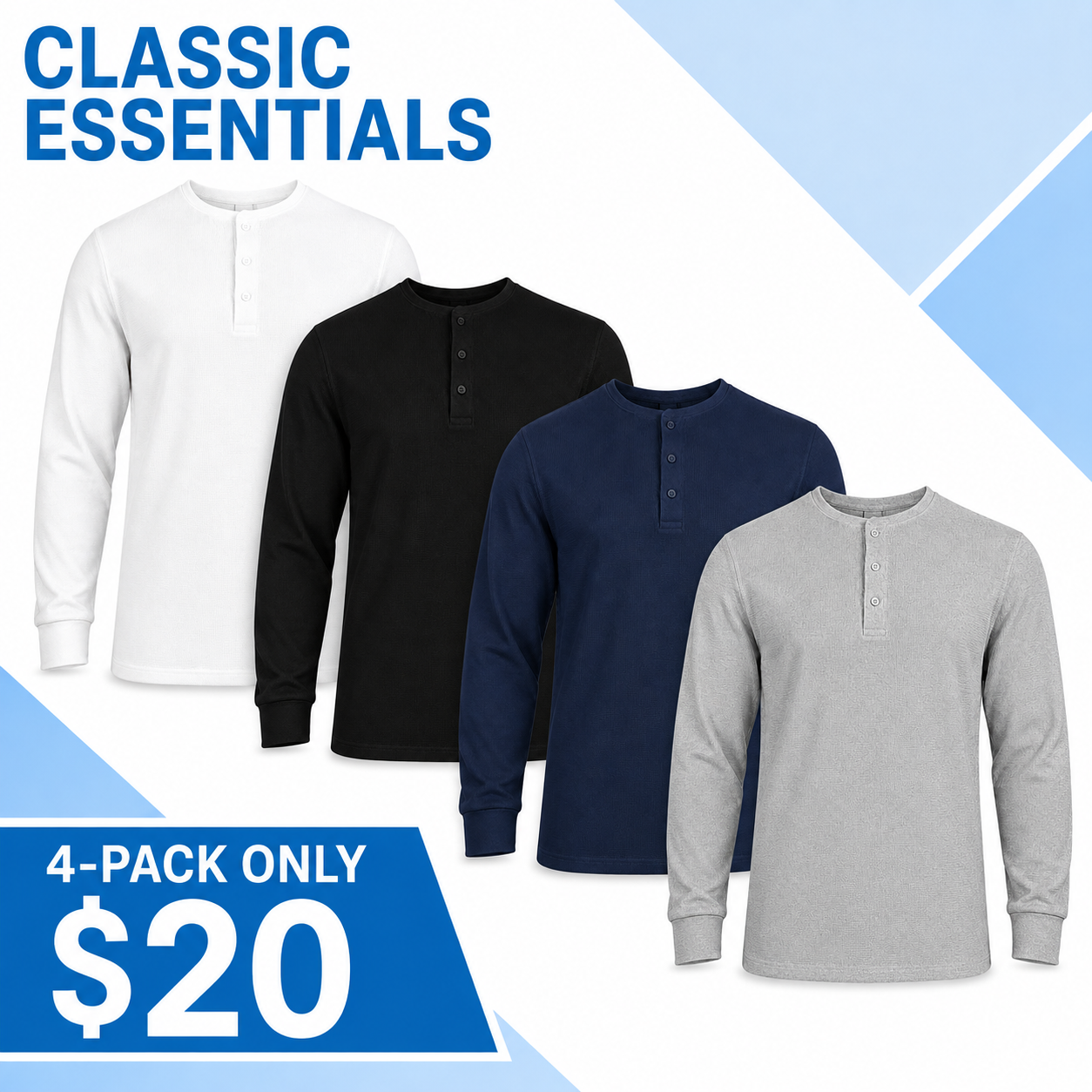 Men's Everyday Cotton Waffle-Knit Henley Shirt Multi-Pack