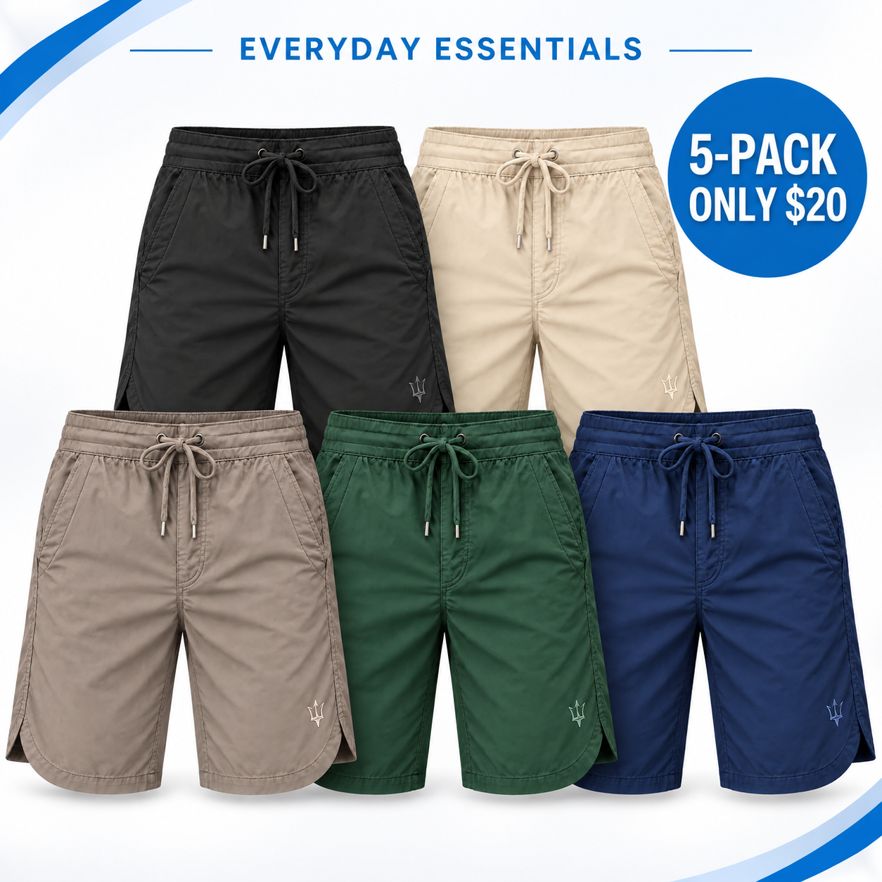 Unisex Lightweight Drawstring Shorts Multipack - Relaxed Knee-Length Shorts with Pockets
