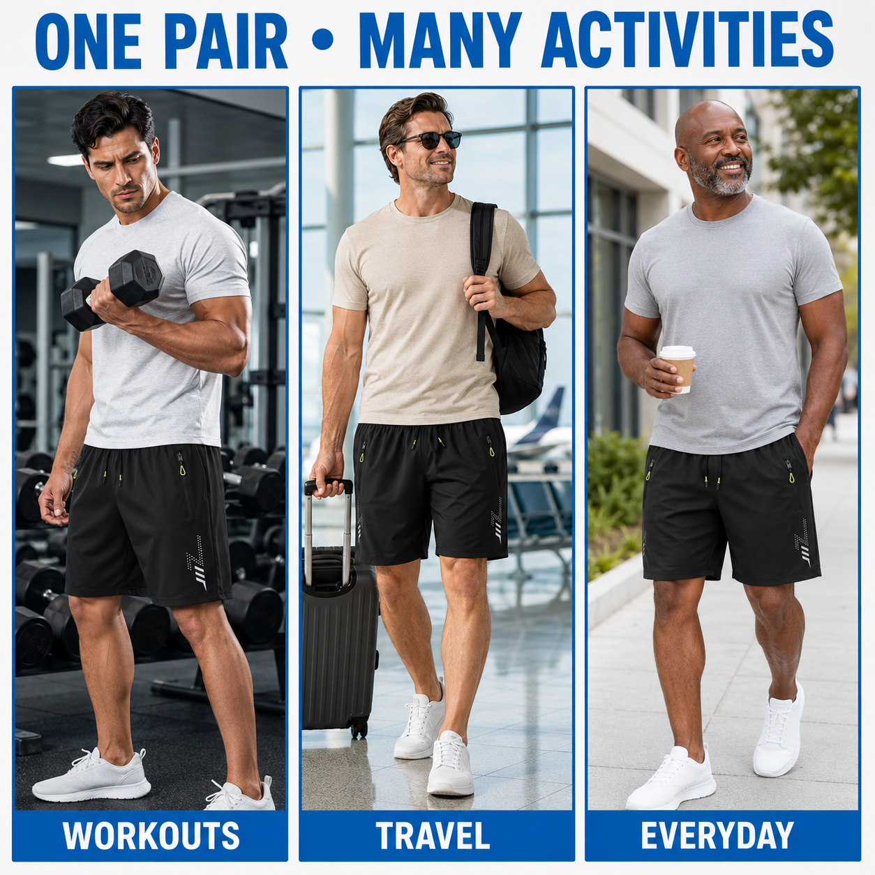 Men's Lightweight Quick-Dry Zip-Pocket Athletic Shorts Multi-Pack