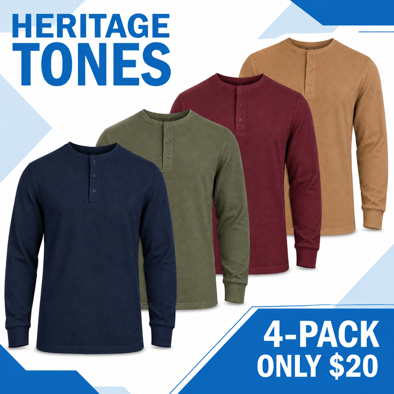 Men's Everyday Cotton Waffle-Knit Henley Shirt Multi-Pack