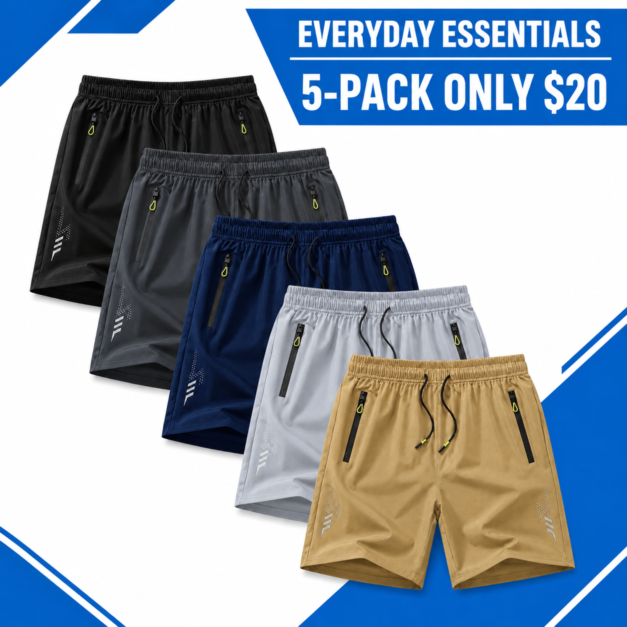 Men's Lightweight Quick-Dry Zip-Pocket Athletic Shorts Multi-Pack