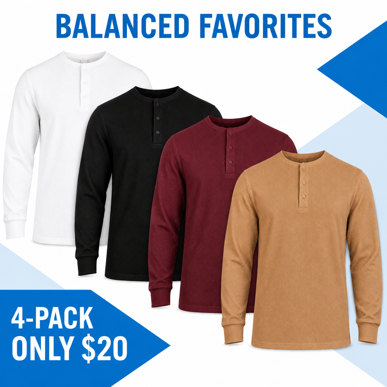 Men's Everyday Cotton Waffle-Knit Henley Shirt Multi-Pack