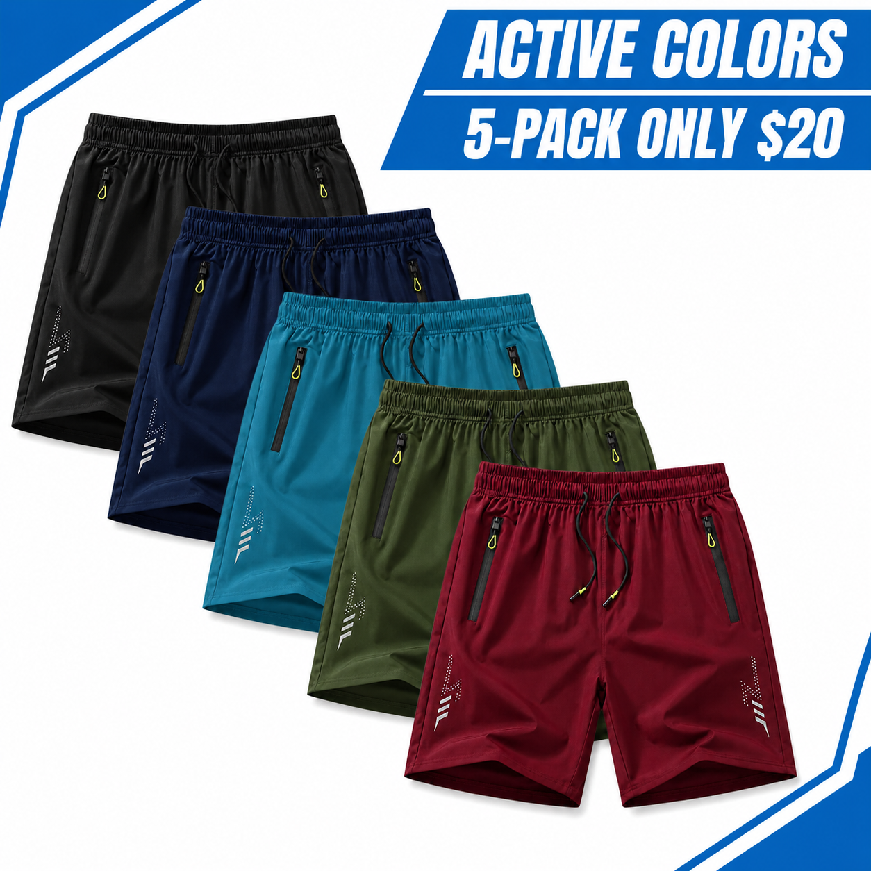 Men's Lightweight Quick-Dry Zip-Pocket Athletic Shorts Multi-Pack
