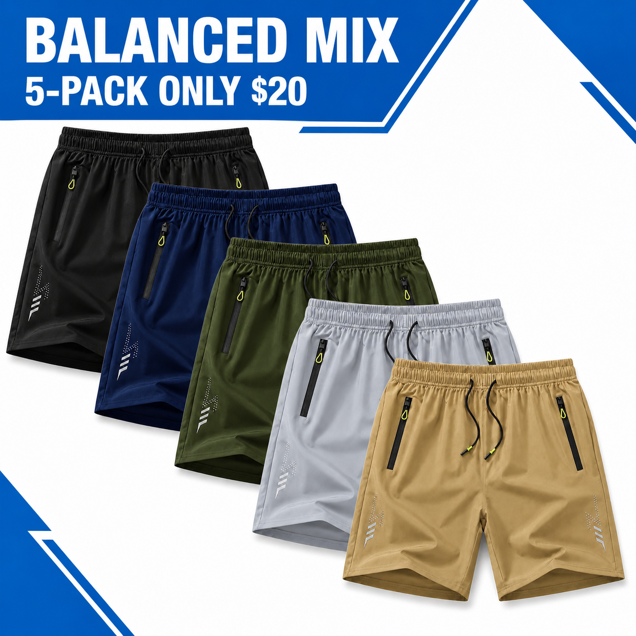Men's Lightweight Quick-Dry Zip-Pocket Athletic Shorts Multi-Pack